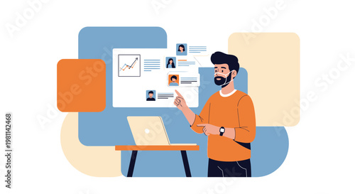 Man presenting online, virtual meeting, business presentation, remote work, people profiles