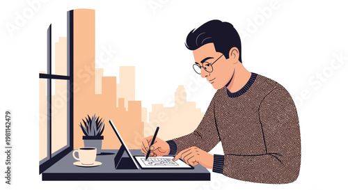 Man working on tablet with city view, digital art, remote work, creative professional