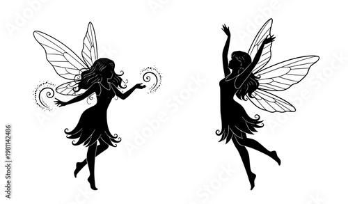 Cute fairy silhouettes vector set two fairies fantasy clipart illustration