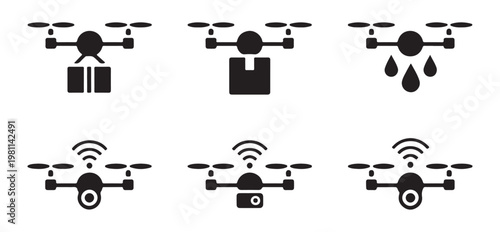 Collection of modern drone icons for delivery and aerial photography on a transparent grid.