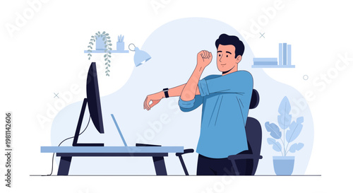 Man stretching arms at desk, working from home, healthy lifestyle, office break