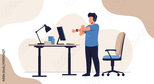 Man stretching at desk with computer, working from home, healthy lifestyle concept
