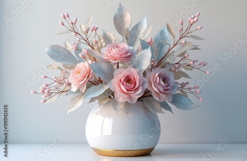Pastel roses and buds arranged in a glossy white vase with gold trim. Light blue leaves complement soft pink blooms creating delicate floral art. Modern home decor inspiration.