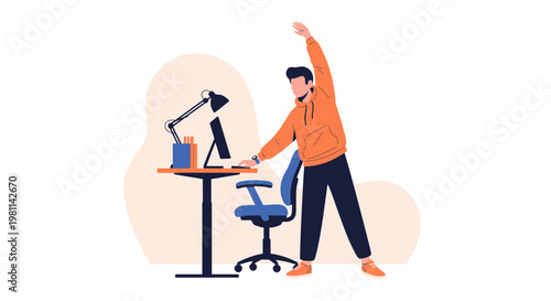 Man stretching at desk, healthy work break, office exercise, remote work wellness