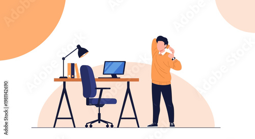 Man stretching at desk, home office, work break, healthy lifestyle, remote work