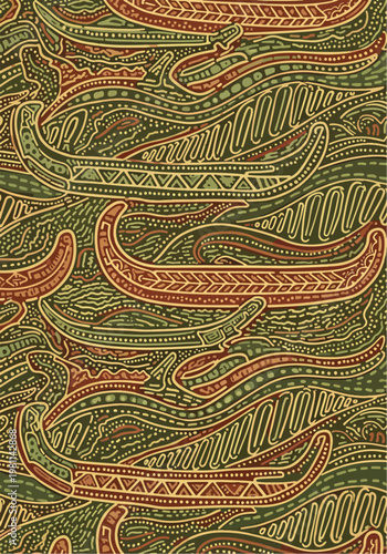Intricate abstract pattern featuring stylized canoes and organic flowing lines in earthy tones