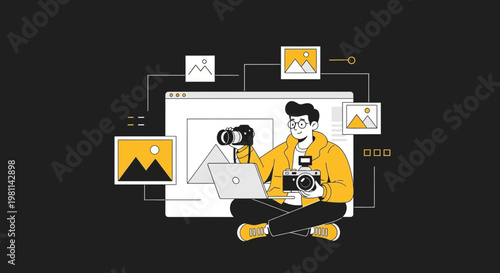 Photographer editing photos on laptop with cameras and digital art on dark background