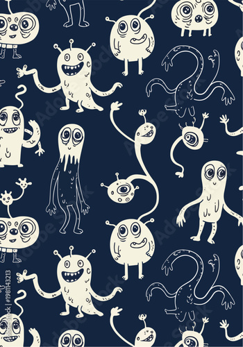 Funky and whimsical cartoon monsters pattern design on a dark blue background for prints