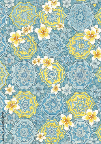 Floral pattern design featuring vibrant yellow plumeria flowers and intricate geometric shapes