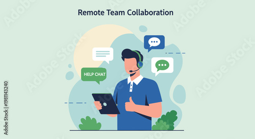 Remote Team Collaboration: Man with headset and tablet, chat bubbles, helping hand gesture