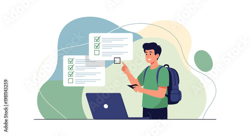 Student checking tasks online on laptop, completing checklist, modern education concept