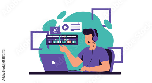 Video Editor Working on Laptop with Editing Software Interface and Playback Controls