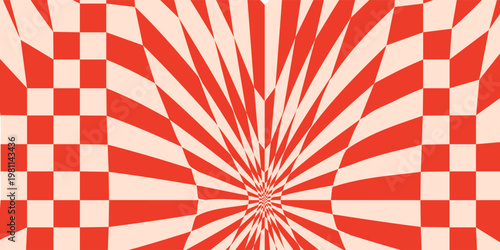 Psychedelic abstract wavy checkered background in red and beige. Groovy irregular checker pattern with vintage texture for retro prints, posters, packaging, and creative projects.