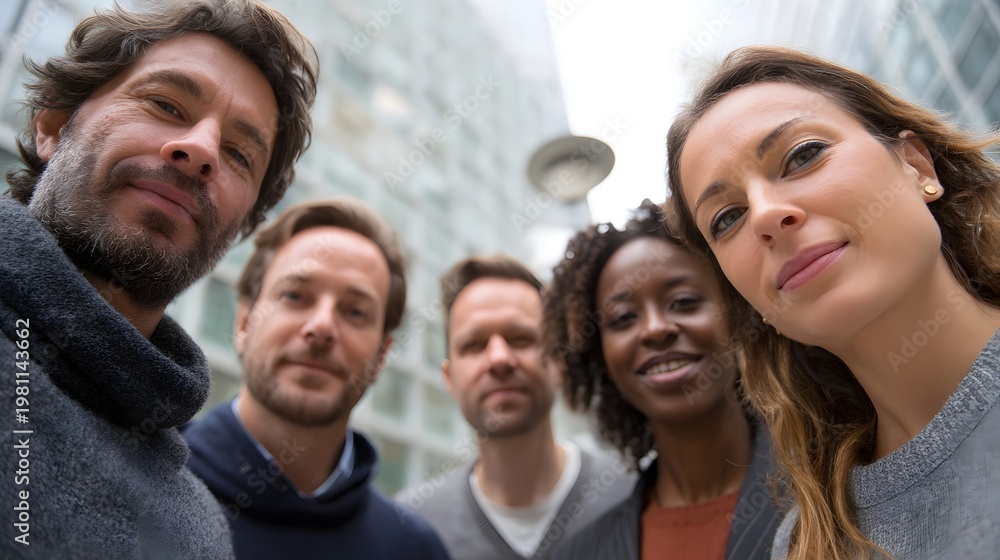 Fototapeta premium A diverse group of professionals collaborating and planning together against the backdrop of a modern urban cityscape