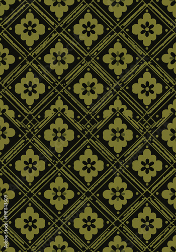 Elegant olive green floral pattern with geometric diamond shapes on a black background