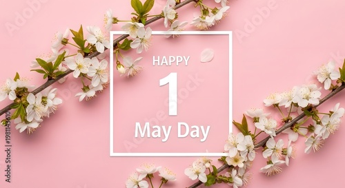 Happy may day greeting with cherry blossoms on pink background