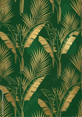 Elegant golden palm leaves and banana leaves pattern on a dark green background, seamless design