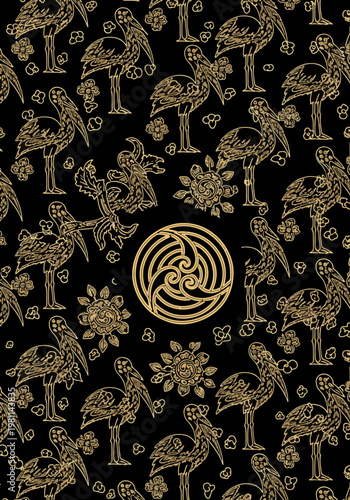 Elegant gold crane and floral pattern on black background with a central Celtic design