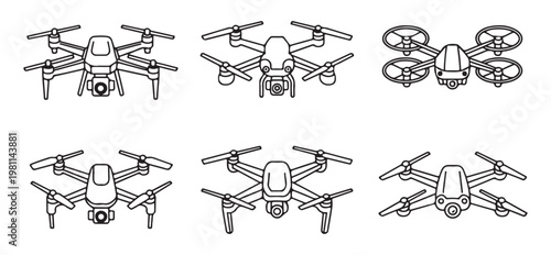 Set of modern drone line icons with various camera and rotor configurations on transparent background.