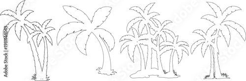 Line art palm tree set featuring various tropical trees for summer vacation designs.