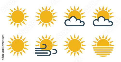 Weather forecast icon set including sun clouds wind and sunset symbols for mobile application design.