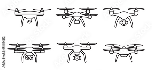 Drone flight icons in black line art style showcasing hexacopter and quadcopter landing gear systems.
