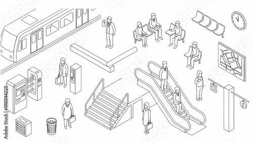 Isometric Subway Platform Passengers Architectural Blueprint Vector Set, Minimal Outline Style Illustration, Clean White Background