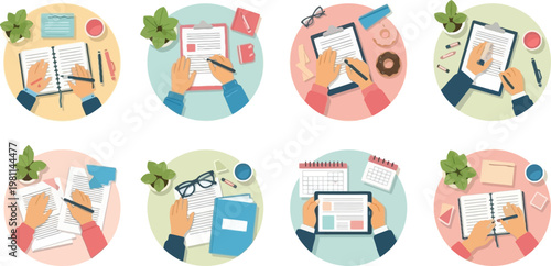 Office Work Process Icons Set with Writing, Planning, Documentation, Note Taking and Workspace Activities for Business Productivity Vector Illustration