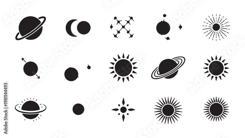 Space objects collection, planets moons and suns, black silhouette vector icons on white background.