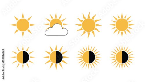 Solar weather icons featuring clear sun cloudy conditions and eclipse phases for mobile app display.