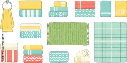 Bathroom Towels and Textile Set with Folded Fabric, Hanging Towel, Bath Rug and Patterned Linen Collection for Home Interior Vector Illustration