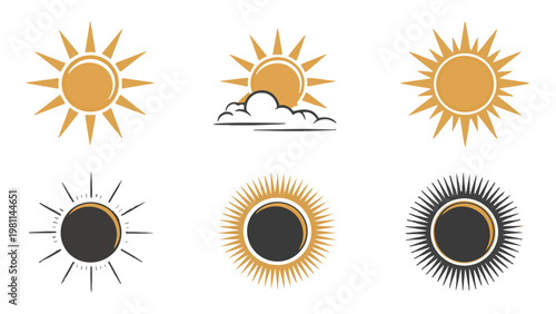 Sunburst and eclipse vector illustrations with cloud elements for vintage weather theme backgrounds.