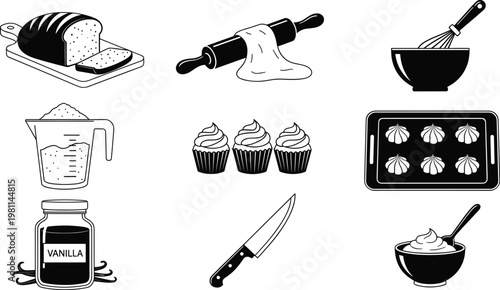 Black and white baking icons set with bread, cupcakes, rolling pin and kitchen utensils isolated on white background