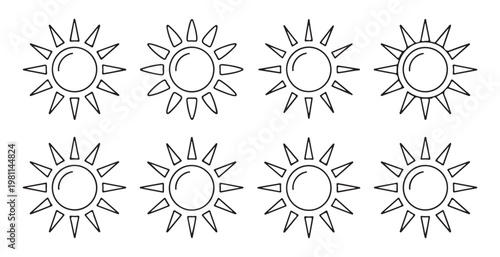 Sun outline icon set, abstract suns with pointed rays, summer and heat concept.