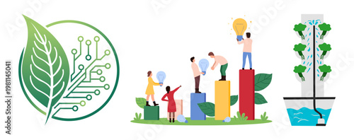 Sustainable technology and hydroponic farming concept vector illustration with team working on ideas