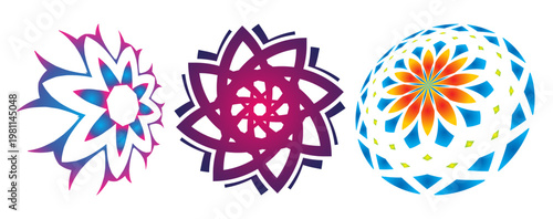 Abstract floral and spherical mandala patterns vector illustration set for decorative graphic design