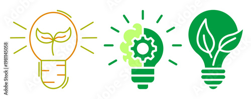 Eco friendly light bulb icons with leaves and gears vector illustration set for energy saving concept