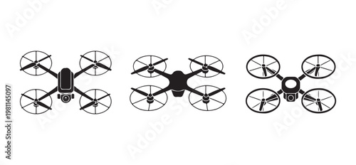 Drone silhouettes set with propeller guards for safe flight control isolated on checkered backdrop.
