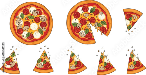 Pizza Set with Whole Pie, Slices and Toppings, Delicious Italian Fast Food Collection with Pepperoni, Cheese and Mushrooms Vector Illustration