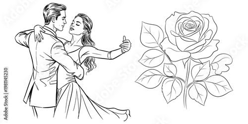 Romantic sketch couple embracing with a blooming rose illustration