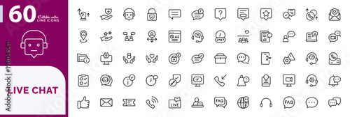 Live chat linear icon collection. Chatbot, support, automation, customer service, communication, call center, feedback, and professional business help desk vector icon set. Editable stroke icons