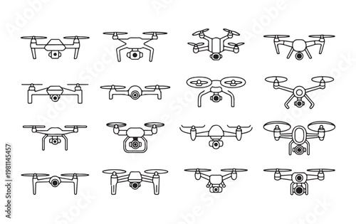 Linear drone icons collection showing various quadcopter models for tech design isolated on background.