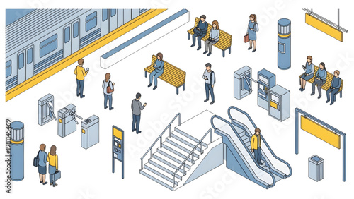 Isometric Subway Platform Passengers Architectural Blueprint Vector Set, Minimal Line Style Illustration, Clean White Background