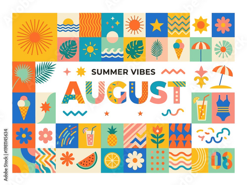 August Summer Vibes: Bright flat vector illustration in retro mosaic style, featuring tropical and beach holiday icons