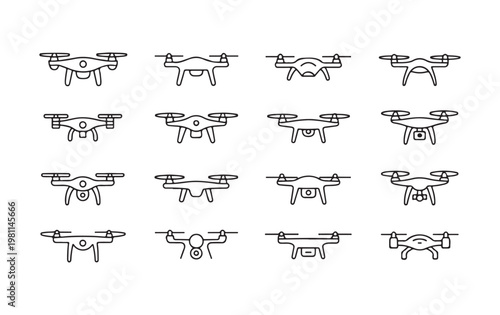Set of modern drone line icons, quadcopter vector illustration collection for aerial photography.