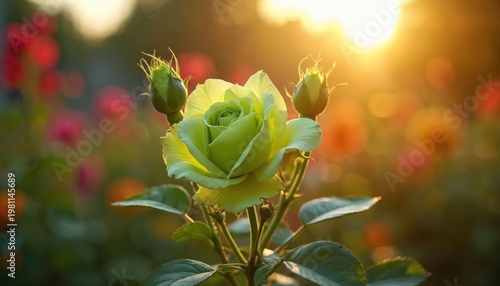 Green rose blooms in soft golden hour light. Delicate petals open towards the sun. Garden setting with blurred colorful flowers in background. Peaceful natural beauty.