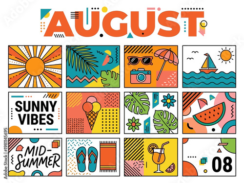 A collection of August-themed flat vector illustrations capturing summer leisure activities, travel, and nature in a vibrant retro geometric style.