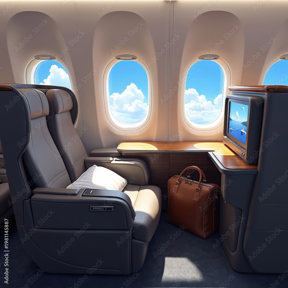 Fototapeta premium Luxury airplane cabin first class seat. Comfortable chairs with screen and desk. Windows show sky and clouds. Business travel, comfort, and service.