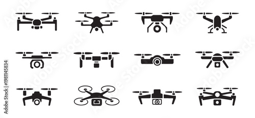 Set of modern drone solid icons, quadcopter vector illustration collection for aerial photography.