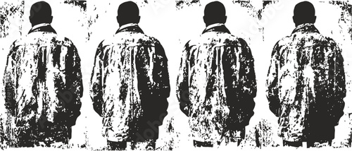 back view of grunge men in jackets and hats, black and white artistic repetition